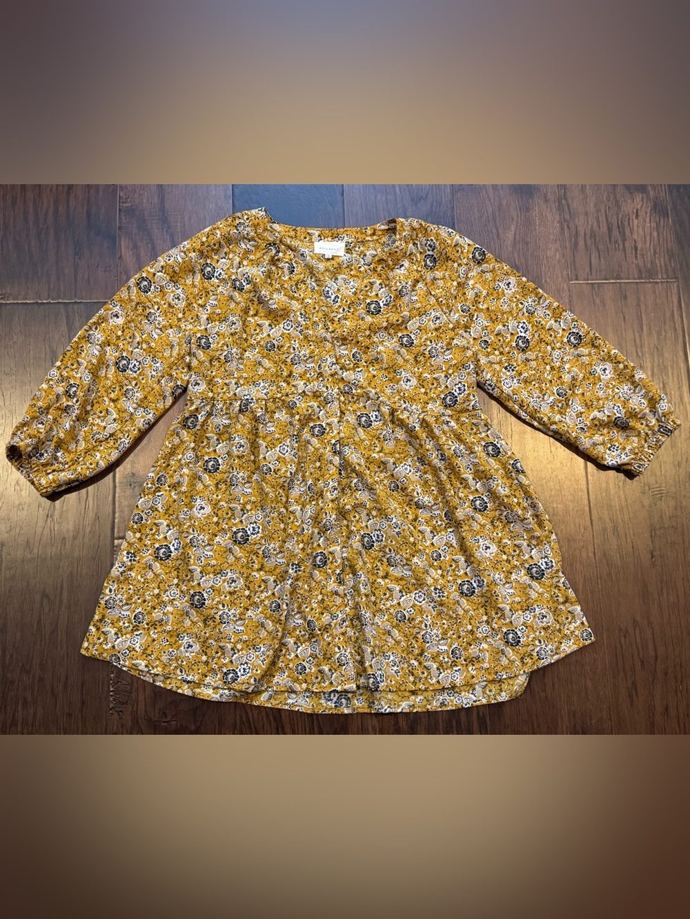 Melloday Babydoll Boho Tunic Top Mustard Yellow Floral Size M Flowy